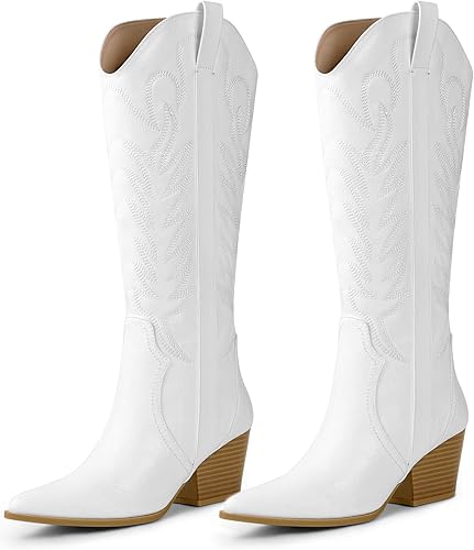 Photo 1 of Arromic Cowboy Boots for Women Comfortable Womens Embroidered Western Cowgirl Knee High Boots Pointed Toe Zipper Chunky Heel Country Outfit Retro Tall Boots 8.5
