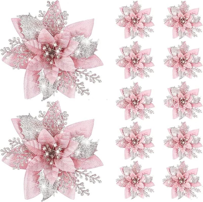 Photo 1 of 10 Pcs Glitter Poinsettia Flowers Artificial Christmas Flowers Ornaments 5.5" Xmas Tree Ornaments with Clips for Wedding Party Wreath Decoration (Pink)
