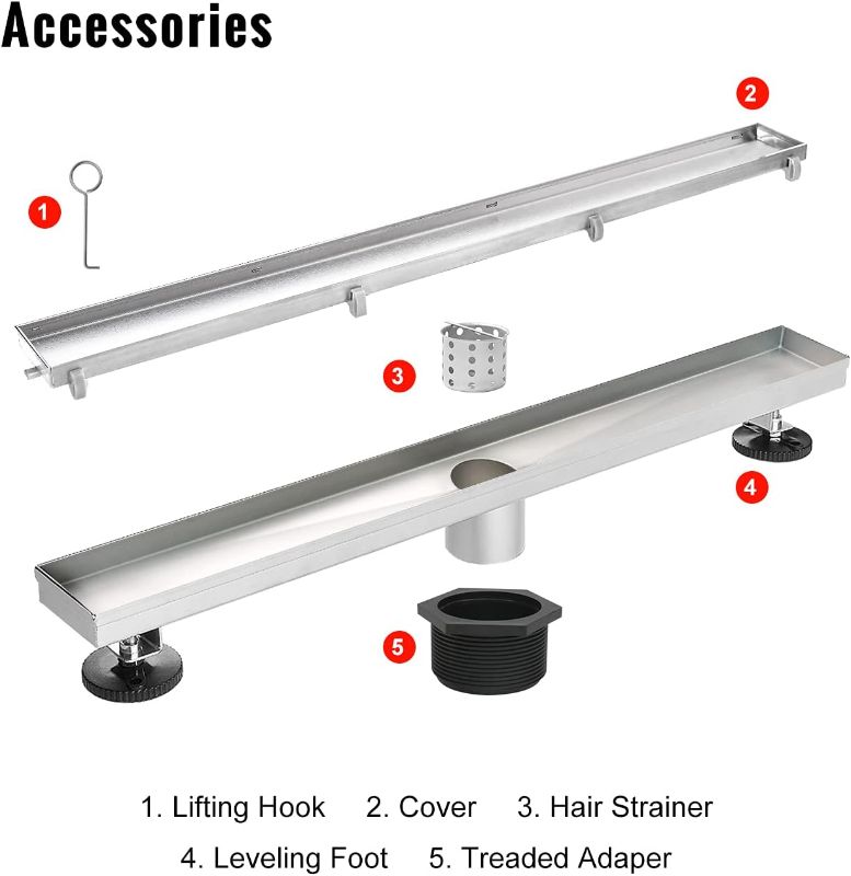 Photo 1 of **USED MISSING PARTS**SaniteModar Linear Shower Drain, Shower Drain 28 inch 2 in 1 Tile Insert Cover, Brushed 304 Stainless Steel Linear Drain with Leveling feet and Hair Strainer Tile Insert Grate 28 inch