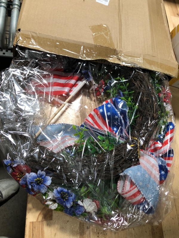 Photo 2 of American Patriotic 4th of July Wreaths for Front Door Red White and Blue Patriotic Wreath with American Flag Independence Day Wreath Memorial Day Wreaths for Front Door Wall Home Party Decor (A) 8"