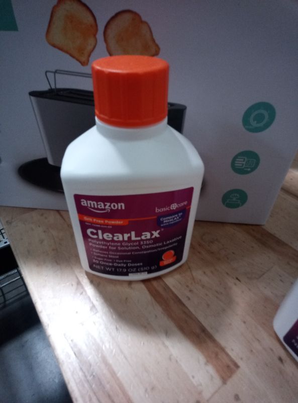 Photo 2 of Amazon Basic Care ClearLax Polyethylene Glycol 3350 Powder for Solution, Orange Flavor, Osmotic Laxative, Stool Softener, Relieves Occasional Constipation, 1.11 pound (Pack of 1) Orange 1.11 Pound (Pack of 1)