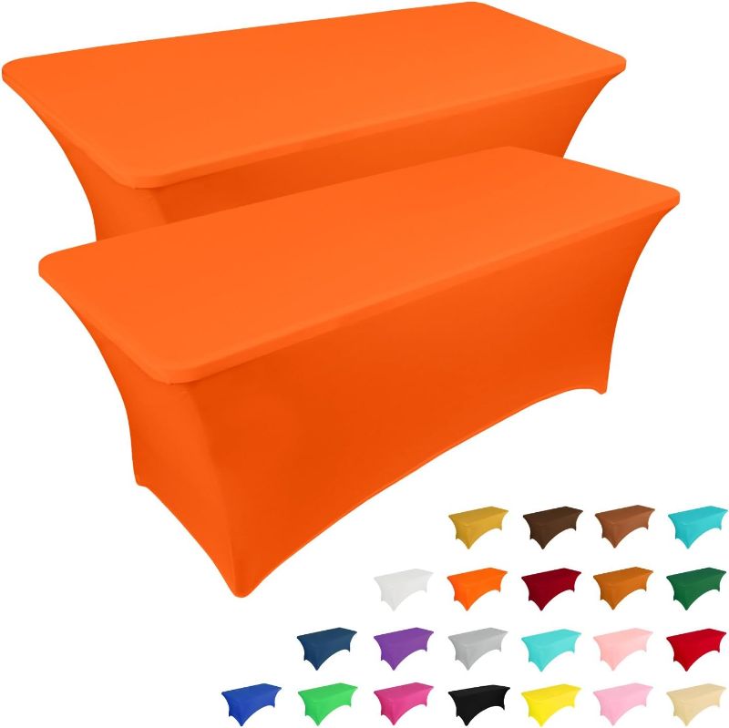 Photo 1 of 2 Pack 4FT Table Cloth for Rectangular Fitted Events Stretch Fuchsia Table Covers Washable Table Cover Spandex Tablecloth Table Protector for Party, Wedding, Cocktail, Banquet, Festival Fuchsia 4 Ft - 2 Pcs---------ORANGE------ORANGE------ORANGE---