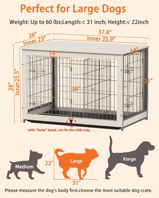 Photo 3 of **NON-REFUNDABLE** (PARTS) Wooden Dog Crate Furniture with Divider Panel, Dog Crate End Table with Fixable Slide Tray, Double Doors Dog Kennel Indoor for Dogs