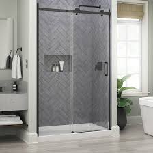 Photo 1 of ***STOCK PHOTO FOR REFERENCE******PARTIAL SET. NON REFUNDABLE***  
Frameless Exposed Roller Sliding Shower Door in Matte Black, 5/16 in. Clear Glass