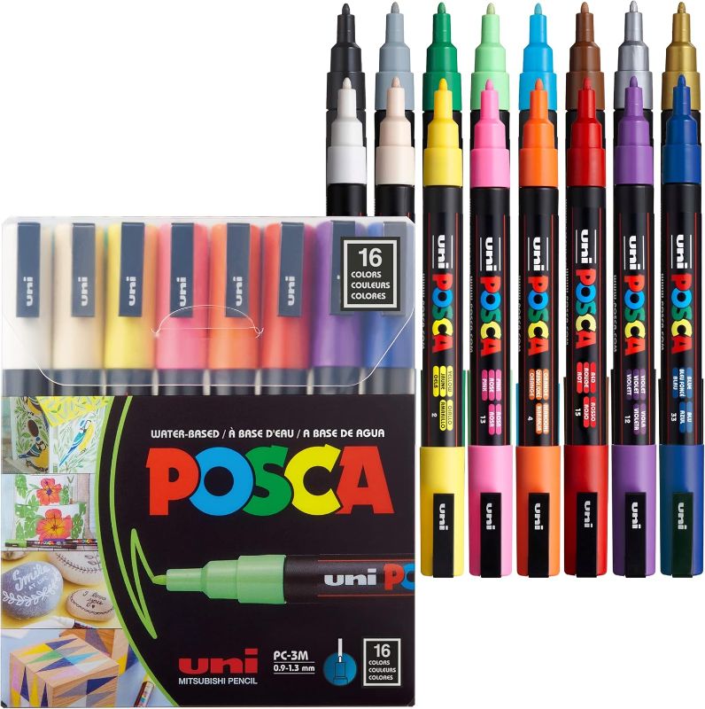 Photo 1 of 
16 Posca Paint Markers, 3M Fine Posca Markers with Reversible Tips, Posca Marker Set of Acrylic Paint Pens | Posca Pens for Art Supplies,