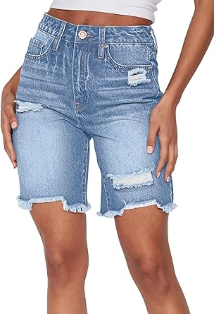 Photo 1 of (please see all images) Duigluw Women's Bermuda Shorts Denim Destroyed Raw Hem Long Jeans Shorts