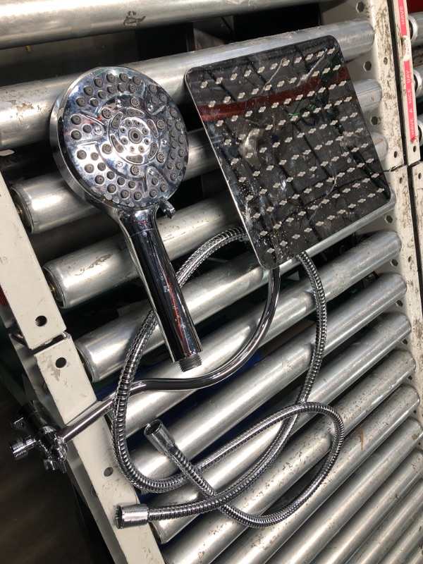 Photo 1 of Hibbent All Metal Shower Head, 10'' High Pressure Rainfall Shower Head/Handheld Showerhead Combo with 12'' Adjustable Curved Shower Extension Arm, 7 Sprays, 71'' Shower Hose, Showerhead Holder, Chrome