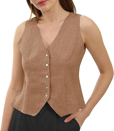 Photo 1 of (used)(see images)  Womens Pure Linen Sleeveless Button Down Crop Top V Neck Waistcoat Vest BROWN 