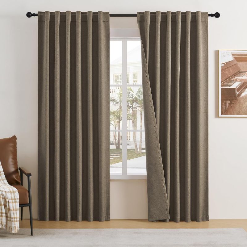 Photo 3 of (FAIR) DUALIFE Brown Curtain 96 Inches Long for Bedroom/Living Room Thermal Insulated Black Out Back Tab and Rod Pocket Dining Room Curtains 