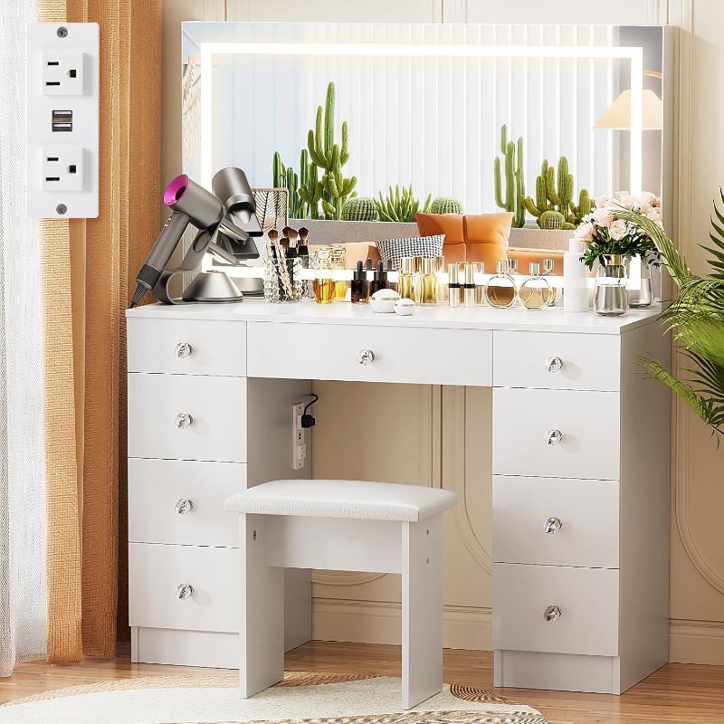 Photo 1 of ***DAMAGED DRAWER SIDE***VOWNER Vanity with Lighted Mirror - Makeup Vanity Desk with Power Outlet and 9 Drawers, 3 Color Lighting Modes Adjustable Brightness, 43" Vanity Table with Soft Cushioned Stool for Bedroom, White
