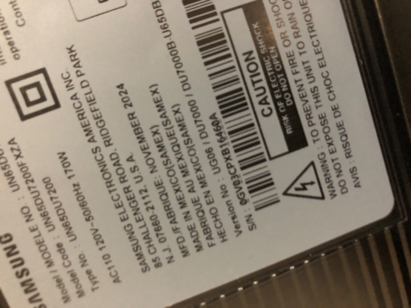 Photo 3 of **PARTS ONLY, DISTORTED PICTURE, MAY BE MISSING REMOTE, HAS CORD**
SAMSUNG 65-Inch Class Crystal UHD 4K DU7200 Series HDR Smart TV w/Object Tracking Sound Lite, PurColor, Motion Xcelerator, Mega Contrast, Q-Symphony (UN65DU7200, 2024 Model)
