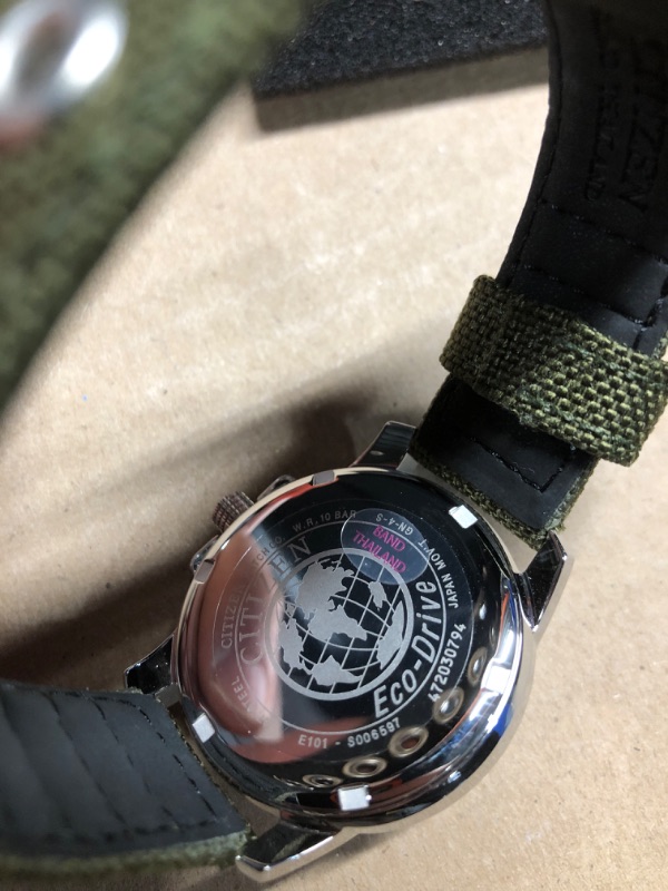 Photo 1 of Citizen Men's Eco-Drive Weekender Garrison Field Watch in Stainless Steel with Olive Nylon strap, Black Dial (Model: BM8180-03E)