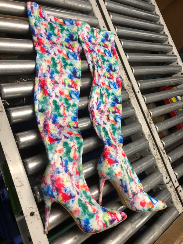 Photo 1 of **BOTTOMS ARE SCRATCHED, OTHERWISE IN GOOD CONDITION** (SIZE 8.5) CAMSSOO Thigh High Boots Women Stiletto Heel Fashion Floral Boots Size 8.5 Side Zip Printed Pointed Toe Knee High Boots