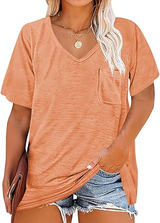 Photo 1 of  Pink, large  Plus Size Tunic T Shirts Short Sleeve Round Neck Soft Loose Shirts Summer Casual Tops with Pocket