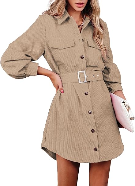 Photo 1 of ARTFREE Womens Corduroy Long Sleeve Adjustable Belted Button Down Shirt Dress with Pockets
