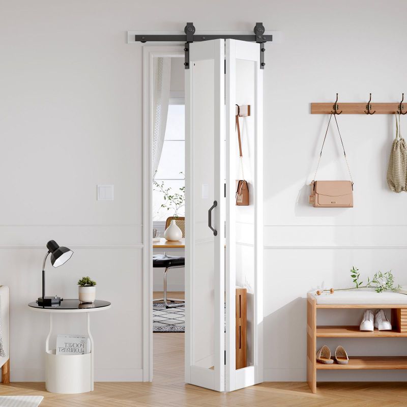 Photo 1 of **MISSING 1 OF THE DOORS**PARTS ONLY**
FREDBECK Preassembled Bifold Barn Door 30x84 (Double 15x84) with 1 Lites Mirror,Bi-fold Closet Doors Hardware Kit Included,34" Track for 2 Doors, PVC, White,for Living Room, Bathrooms, Kicthen