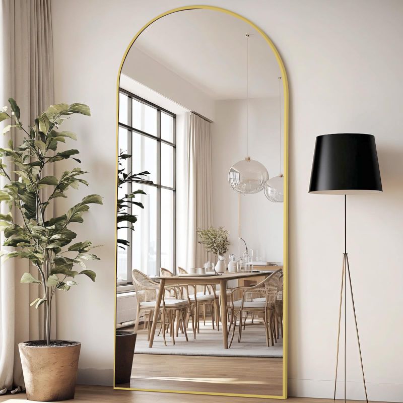 Photo 1 of (Used)(minor damage) 76"X34" LARGE FLOOR MIRROR FULL LENGTH, GOLD ARCHED FULL LENGTH MIRROR WITH STAND, HANGING OR LEANING STANDING FULL BODY MIRROR 