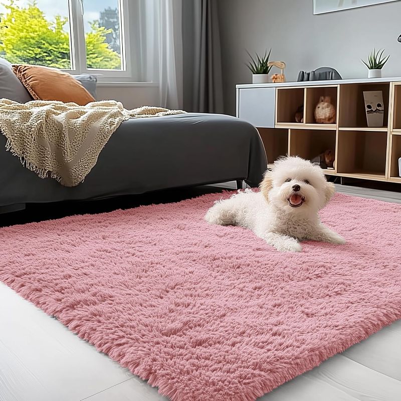 Photo 1 of  3x5 Machine Washable Small Bedside Rug, Soft Fluffy Shaggy Rugs for Living Room, Bedroom, Indoor Floor Carpet for Kids Girls and Boys, Preppy Dorms, Nursery, Home Decor Aesthetic, Pale Pink