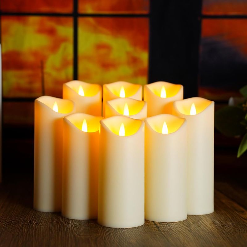 Photo 1 of ***STOCK PHOTO REFERENCE ONLY***Flickering Flameless Candles, Battery Operated Acrylic LED Pillar Candles with Remote Control and Timer,Set of 9 (Ivory)