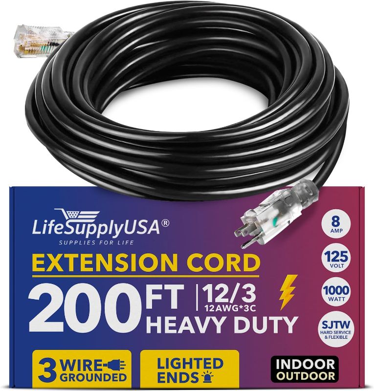 Photo 1 of 200ft Power Extension Cord Outdoor & Indoor - Waterproof Electric Drop Cord Cable - 3 Prong SJTW, 12 Gauge, 8 AMP, 125 Volts, 1000 Watts, 12/3 by LifeSupplyUSA - Black (1 Pack)
