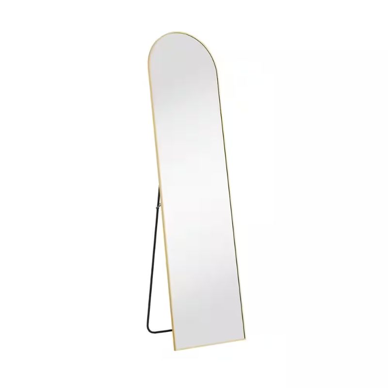 Photo 1 of 16 in. W x 59 in. H Aluminium Alloy Frame Gold Arched Floor Mirror, Floor Stand and Wall Mounted Hooks