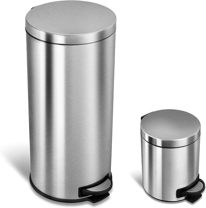 Photo 1 of NINESTARS AMZ-CB-SOT-30-1/5-1 CB-SOT-30-1/5-1 Step-on Trash Can Combo Set, 8 Gal 30L & 1.2 Gal 5L, Stainless Steel Base (Round, Lid)

