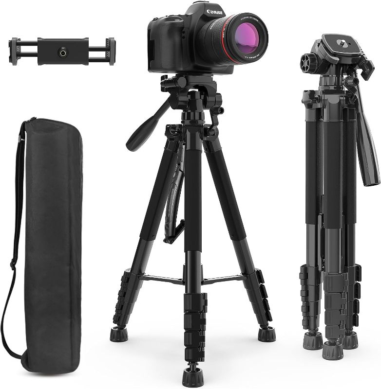 Photo 1 of Aureday 74’’ Camera Tripod with Travel Bag,Cell Phone Tripod with Wireless Remote and Phone Holder, Compatible with DSLR Cameras,Cell Phones,Projector,Webcam,Spotting Scopes(Black)
