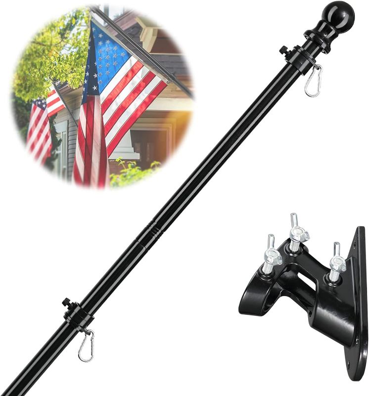 Photo 1 of Barcetine American Flag Poles for Outside House - 6ft Tangle Free Flag Pole for House with Holder Bracket,Residential Flagpole Kit for Outdoor Porch Garage Boat Truck - Black
