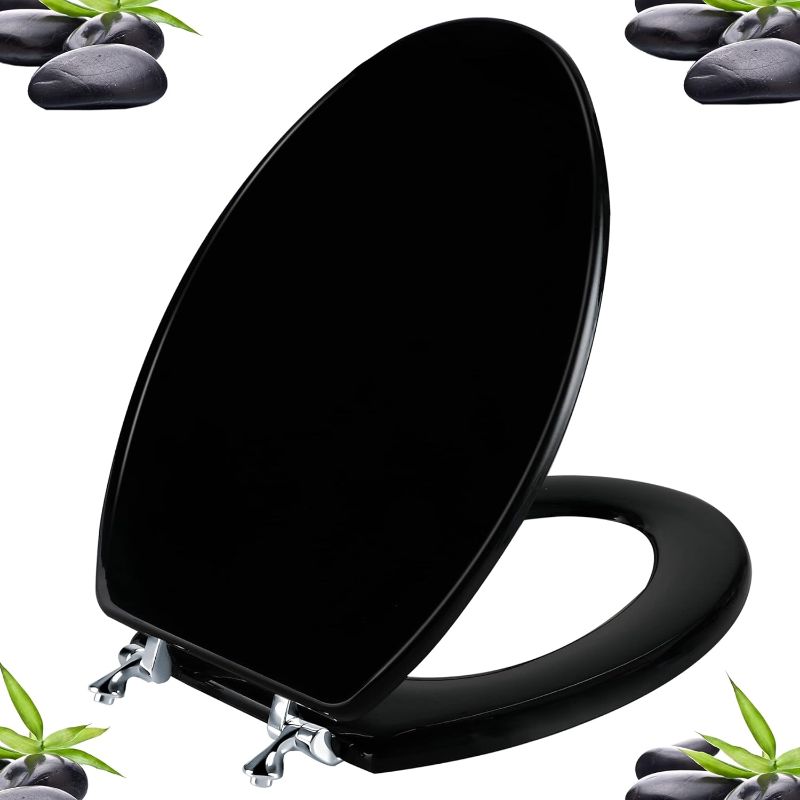 Photo 1 of Black Elongated Toilet Seat Natural Wood Toilet Seat with Zinc Alloy Hinges, Easy to Install also Easy to Clean, Scratch Resistant Toilet Seat by Angol Shiold (Elongated, Black)
