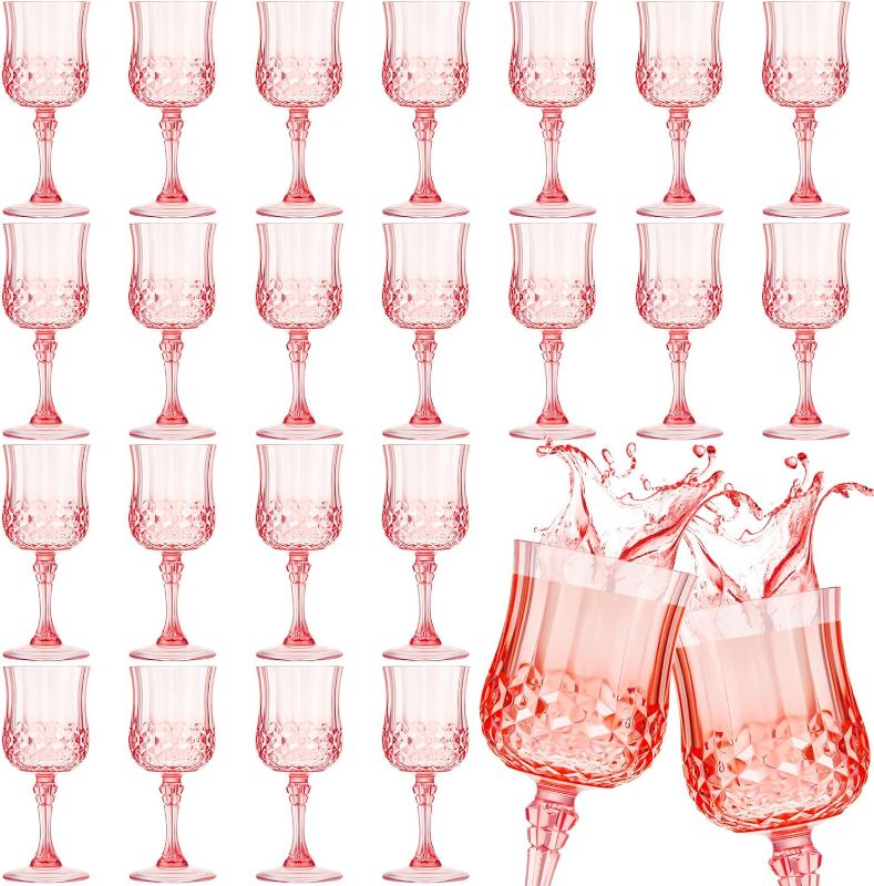 Photo 1 of 24 Pcs Patterned Plastic Wine Glasses Colorful Goblet Champagne Flutes Glasses Vintage Style Dishwasher Safe Drinking Glasses for Wedding, Reception, Grand Event Party Supplies (Pink)
