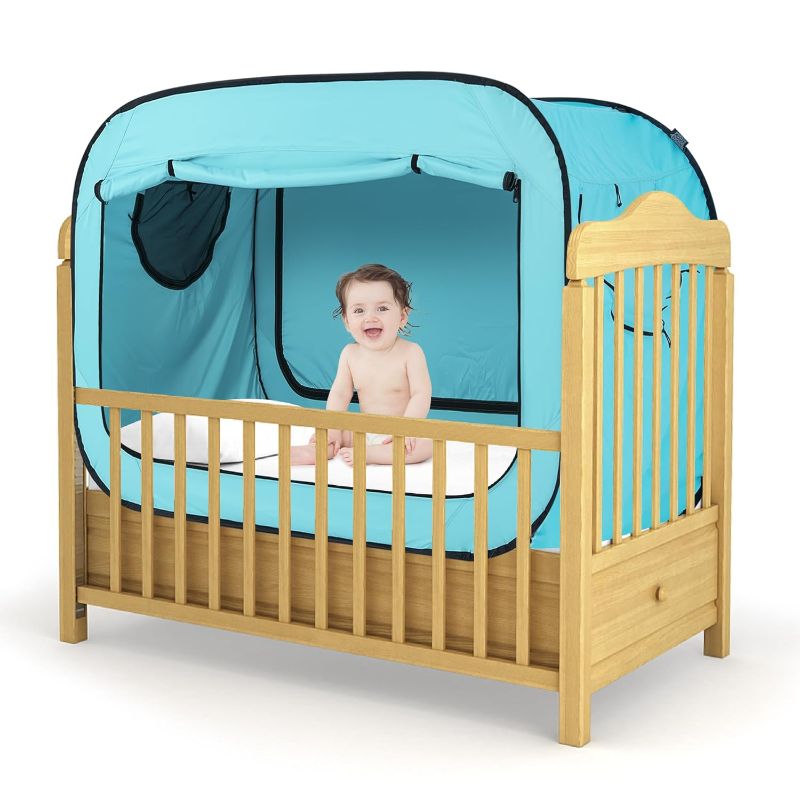 Photo 1 of Poray Pop Up Baby Bed Tent Privacy Tent for Toddler Sleeping with 2 Zipper Doors,Breathable Mesh Windows and Portable Carry Bag (Blue)
