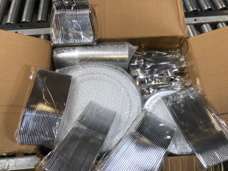 Photo 2 of 600 Piece Disposable Silver Plates for 100 Guests, Plastic Dinnerware Set of 100 Dinner Plates, 100 Salad Plates, 100 Spoons, 100 Forks, 100 Knives, 100 Cups, Plastic Plates for Party, Weeding 100 Guests Silver