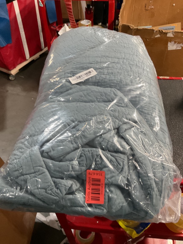 Photo 1 of EVERGRACE x Kinsey Walsh Cross Stitch Pre-Washed Cotton Quilt Bedding Set King Size, Oversized 3 Pieces Lightweight Bedspread Coverlet for All Season, with 2 Matching Shams, Dusty Blue, 108"x96"