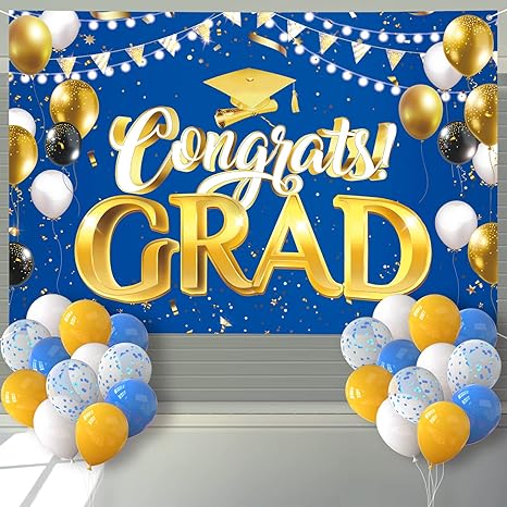 Photo 1 of Arosche Extra Large Graduation Banner Decorations 72" x 48" Backdrop with 24Pcs Balloons Congrats Grad 2024 Photography Background for Indoor Outdoor College,Garden,Yard,Party Supplies (Blue)