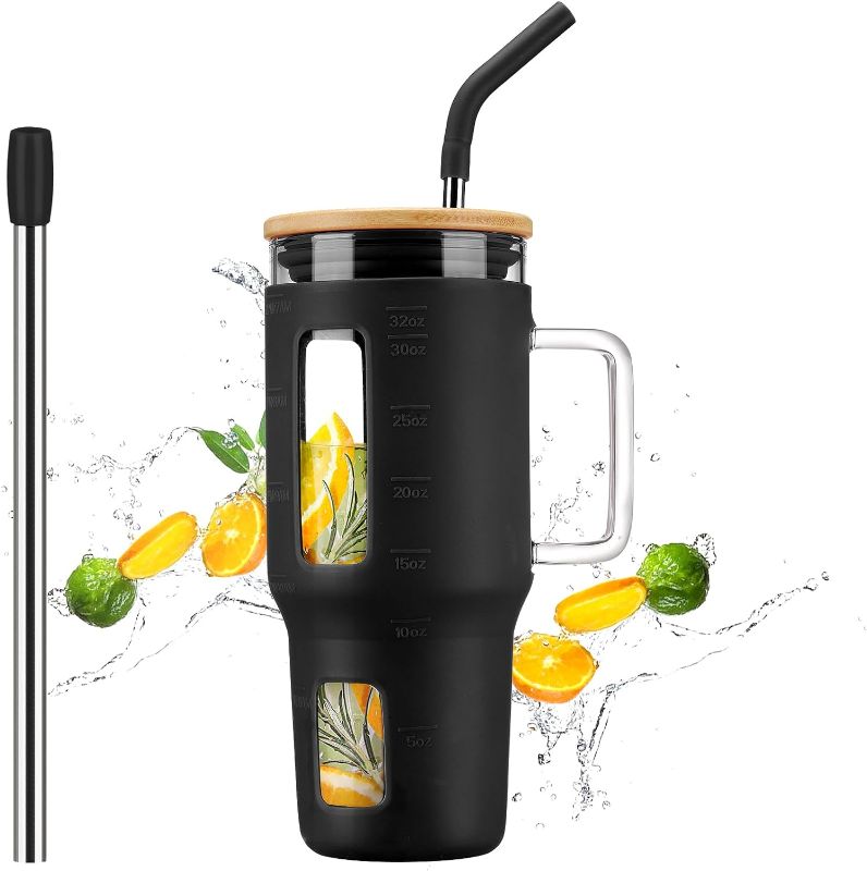 Photo 1 of Kodrine Tumbler with Lid and Straw, 32 oz Glass Tumbler with Handle, Coffee Tumbler for Boba Smoothie Cup, Water Tumbler Cups, Iced Coffee Cup Fits in Cup Holder with Time Marker, Black Black 32oz