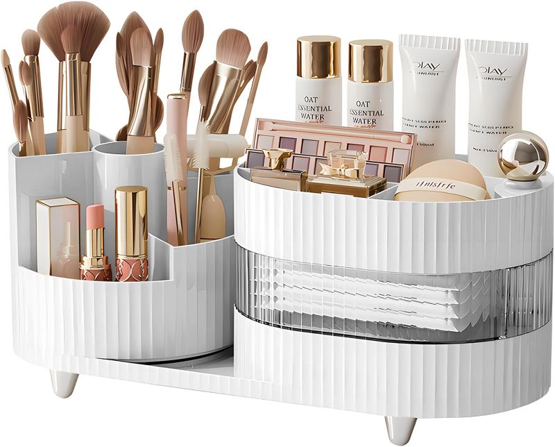 Photo 1 of ***USED - MISSING TWO LEGS***
Rotating Makeup Organizer,3-Tier Spinning Makeup Countertop Organizer for Vanity with Makeup Brush Holder,Large Capacity Cosmetic Makeup Storage Organizer for Brush Lipstick Perfume Jewellry (White-3)