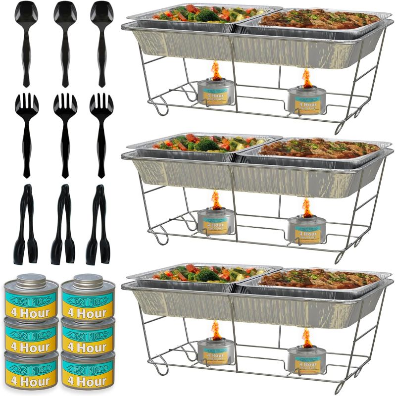 Photo 1 of 3-Pack Disposable Chafing Dish Buffet Set + Fuel + Serving Utensils - Full Size Buffet Warmers with 6 Half Size Food Pans, 4 Hour Fuel Cans, 9 Serving Utensils, Frame, for Catering and Parties
