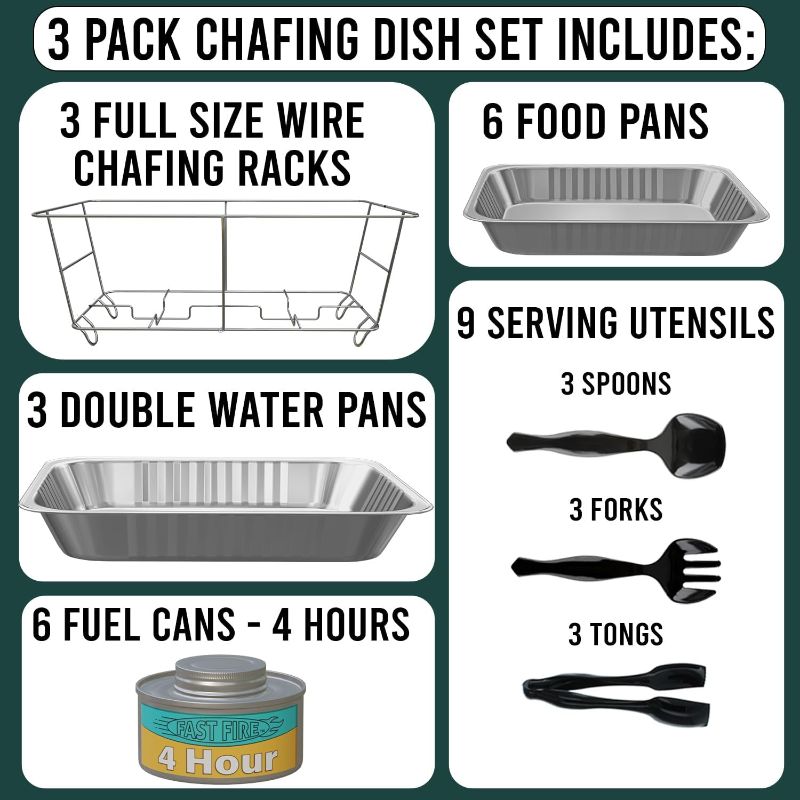 Photo 2 of 3-Pack Disposable Chafing Dish Buffet Set + Fuel + Serving Utensils - Full Size Buffet Warmers with 6 Half Size Food Pans, 4 Hour Fuel Cans, 9 Serving Utensils, Frame, for Catering and Parties
