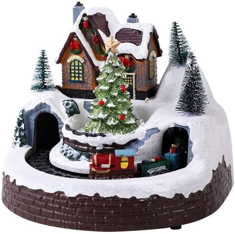 Photo 1 of ****CANNOT FULLY TEST NEEDS BATTERIES ***Christmas Village Houses, Christmas Decoration Luminous Music Rotating Train Resin Ornaments, Musical Christmas Village Collectible Building for Xmas Indoor Decorations(C)