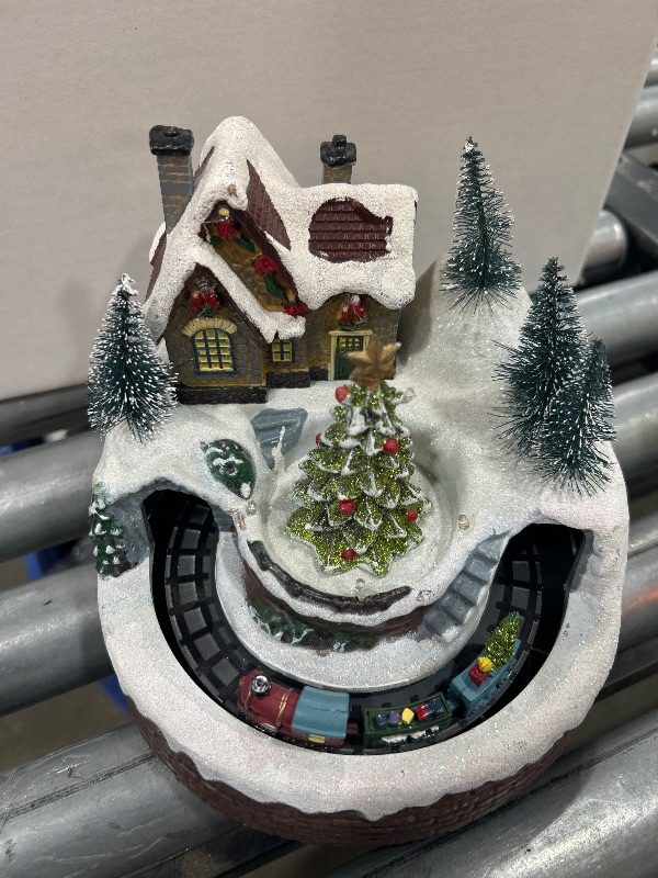 Photo 2 of ****CANNOT FULLY TEST NEEDS BATTERIES ***Christmas Village Houses, Christmas Decoration Luminous Music Rotating Train Resin Ornaments, Musical Christmas Village Collectible Building for Xmas Indoor Decorations(C)