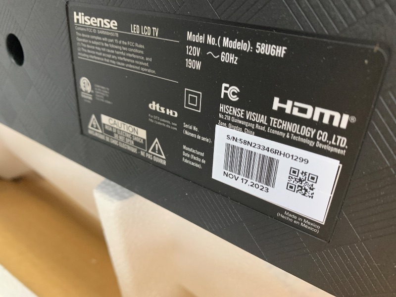 Photo 3 of ***USED - MISSING POWER CORD, REMOTE, LEGS, AND OTHER PARTS - UNABLE TO TEST***
Hisense 58” 4K ULED Smart Fire TV, 58U6HF, Quantum 4K ULED