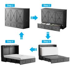 Photo 1 of  Bed with Charging Station, Solid Wood Cabinet Bed with Mattress, Murphy Cube Chest Bed with Storage Drawers - Grey