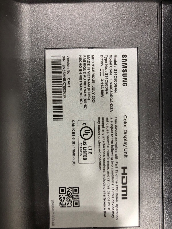 Photo 2 of ***USED - MISSING VIDEO CABLE - POWERS ON - UNABLE TO TEST FURTHER - SEE PICTURES***
SAMSUNG 34" ViewFinity S50GC Series Ultrawide QHD Monitor, 100Hz, 5ms, HDR10, AMD FreeSync, Eye Care, Borderless Design, PIP, PBP, LS34C50DGANXZA, 2023, Black