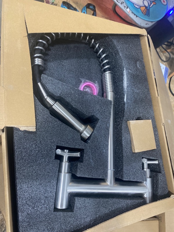 Photo 1 of FLWUEUE Wall Mount Faucet 8 Inche Center, with Pull Down Sprayer, Commercial Mixer Tap, High Arc Dual Handle Spring Kitchen Sink Faucet, Grifos De Cocina, Brushed Nickel, UEFK0202005E02