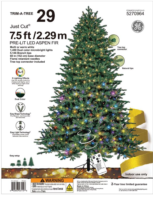 Photo 1 of 23119 - GE Just Cut® Aspen Fir, 7.5 ft., Color Choice® LED, 1400ct MicroBright Lights, Multi/Warm White