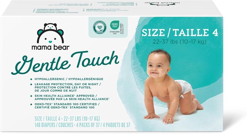 Photo 1 of Amazon Brand - Mama Bear Gentle Touch Diapers, Hypoallergenic, Size 4, 148 Count, 4 Packs of 37, White
