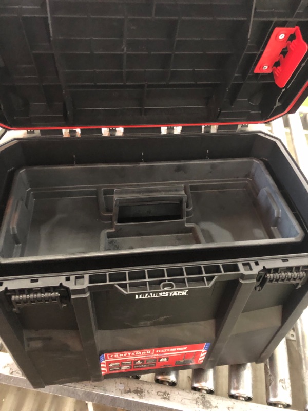 Photo 6 of ***USED - MISSING LATCHES - TAB BROKEN - SEE PICTURES - NO PACKAGING - HEAVILY USED AND DIRTY***
CRAFTSMAN TRADESTACK Tool Box with Wheels, Waterproof, Stackable System, Portable Rolling Storage for Indoor/Outdoor Use, 22.5 Inch (CMST21445)