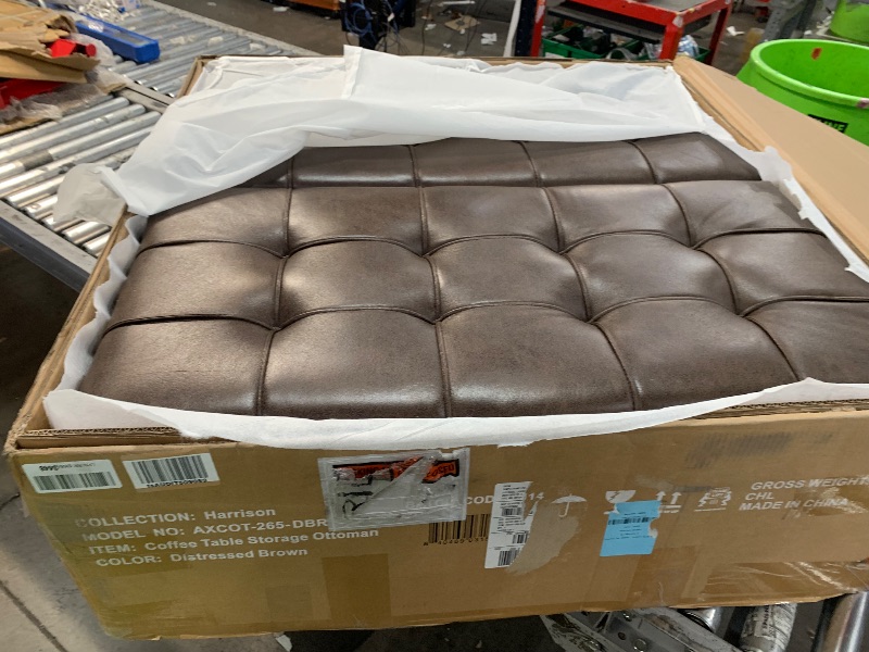 Photo 1 of Harrison 36 inch Wide Transitional Square Coffee Table Storage Ottoman in Distressed Brown Faux Leather