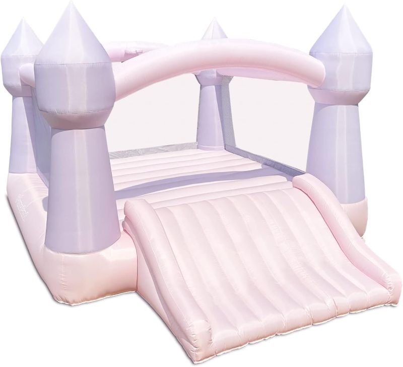 Photo 1 of   Bounceland Party Castle DayDreamer Cotton Candy Bounce House, 16.4 ft L x 13.1 ft W x 9.3 ft H, Basketball Hoop, UL Blower included, Trendy Pastel Color, Fun Slide & Bounce Area, Castle Theme for Kids
