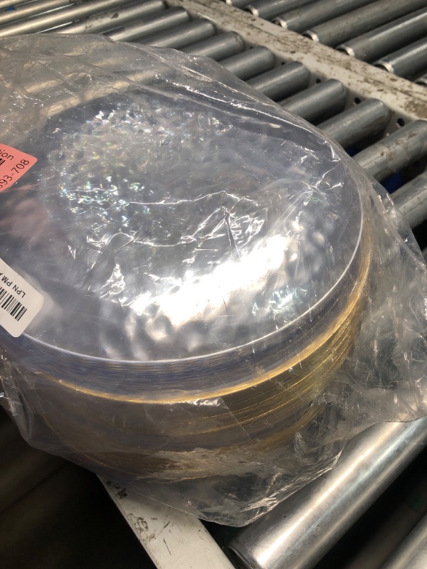 Photo 2 of **A FEW PLATES ARE DAMAGED/CRACKED, UNSURE IF MISSING ANY PLATES**
R-kay 100 Pack 10 Inch Clear Plastic Plates For Wedding - Hammered Gold Rimmed Sturdy, Durable Gold Plastic Plates For Party - Bulk Disposable Plates For Weddings